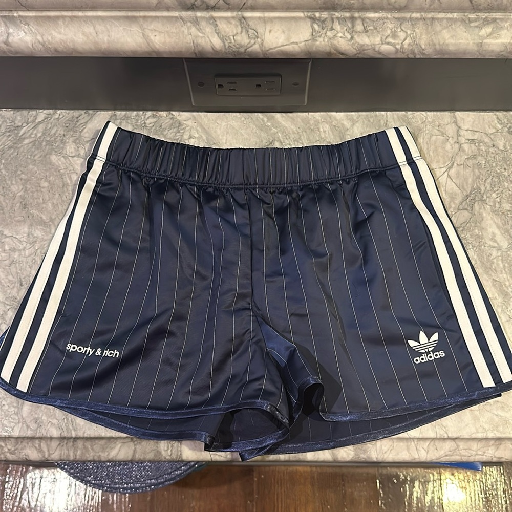 Sporty and Rich navy silk adidas shorts